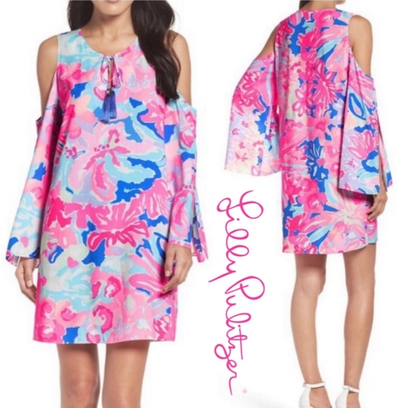 Lilly Pulitzer Benicia tunic cold shoulder tassel dress Playa Hermosa floral XS